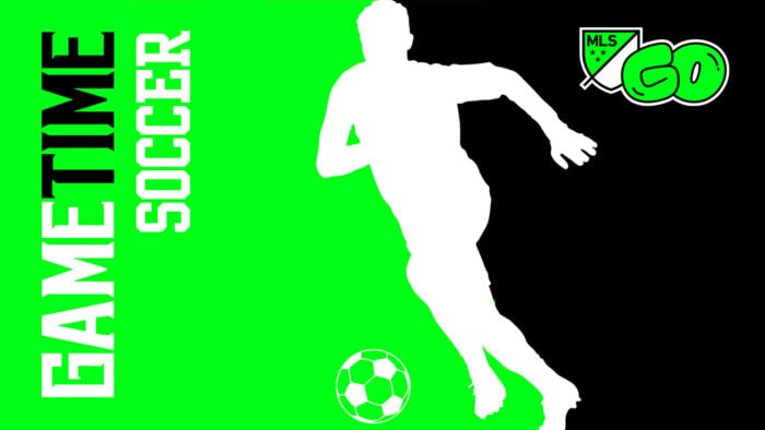 GameTime Soccer promotional graphic featuring a white silhouette of a player running with a ball