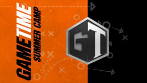 GameTime Summer Camp promotional graphic with a GT hexagon logo on an orange and black background