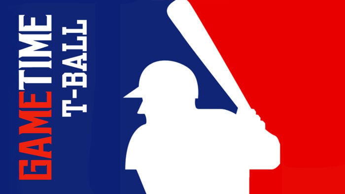 GameTime T-Ball logo featuring a white silhouette of a batter against a blue and red background